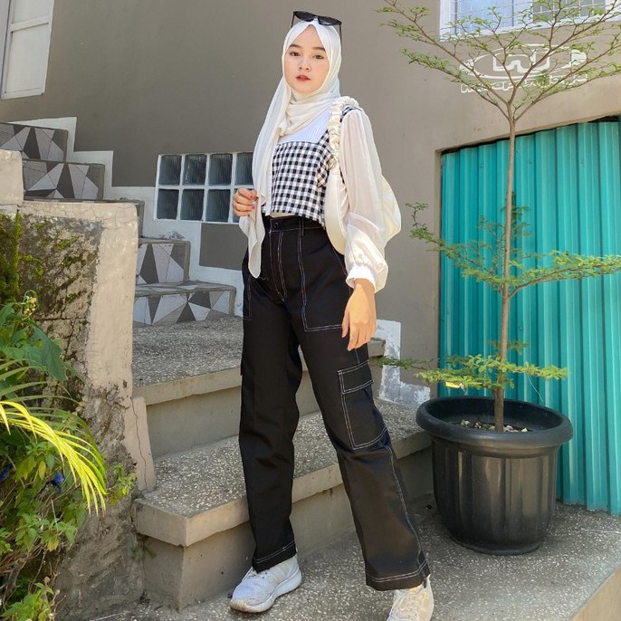 STACIE POCKET PANTS M-XXXXL BIG SIZE 100KG++ MUAT CELANA CARGO PRIA WANITA UNISEX COKSU, HITAM,