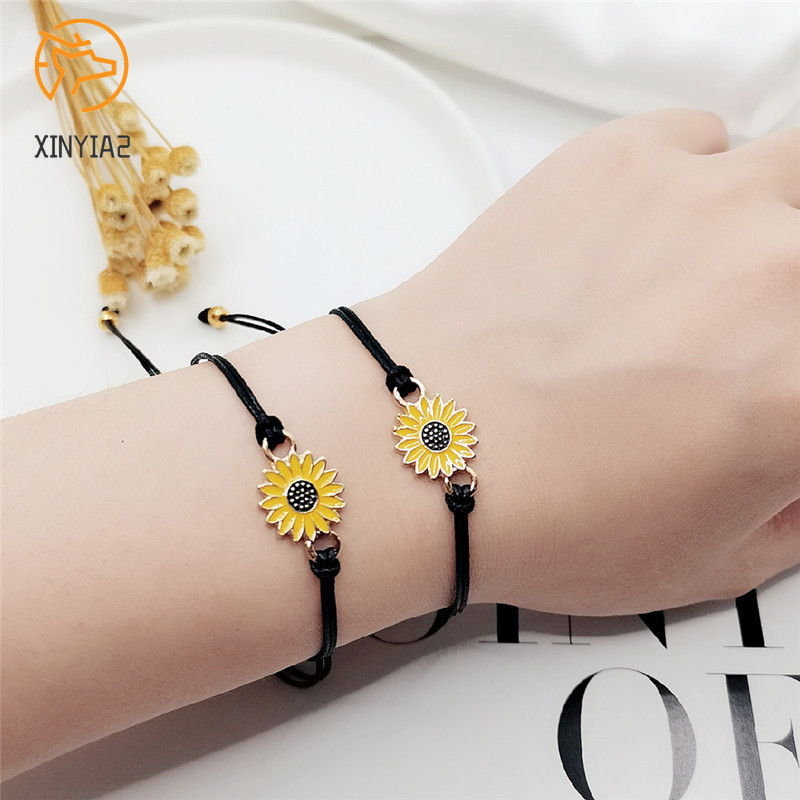 2 Pcs Korean Fashion Gelang Tali Ersahabatan Anyaman Krisan Bunga Matahari Fashion Wanita Korea Pria Couple Bracelet Daisy Hitam C3-2