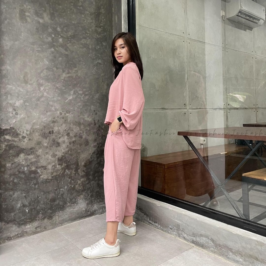 Baju One Set Wanita / Set Piyama Crinkle / Pakaian pajamas Cringkel Premium [Jeefashion]-2