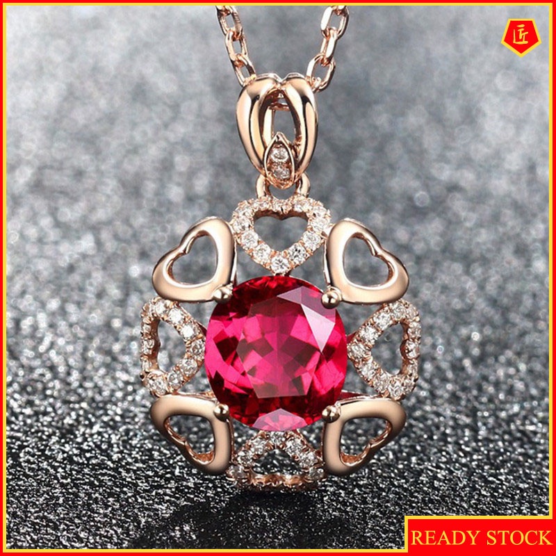 [Ready Stock]Fashion Ruby Diamond Flower Heart Pendant Necklace