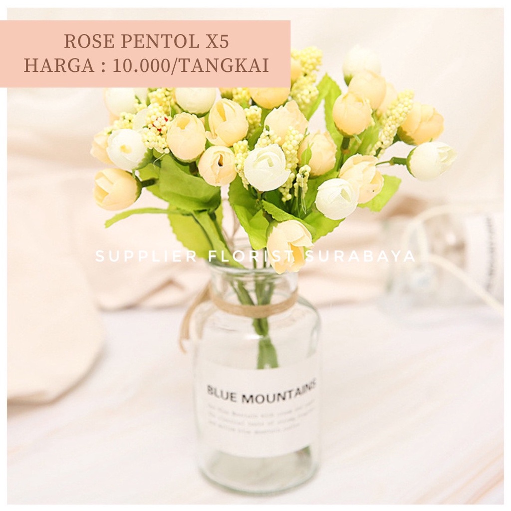 BUNGA ROSE PENTOL 1 TANGKAI BERCABANG 5, 1 CABANG ISI 3 KEPALA, TOTAL 15 KEPALA ARTIFICIAL FLOWER ARTIFISIAL FLOWER BUNGA PALSU PEMANIS BUKET BUNGA