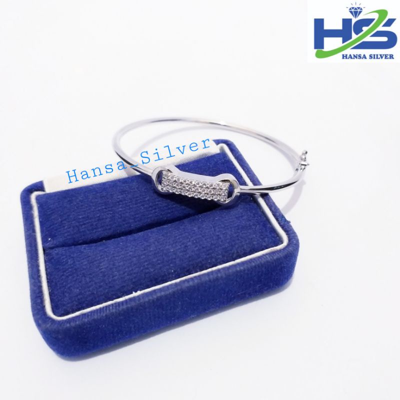 Gelang Tangan Perak Asli Silver 925 Lapis Emas Putih Model Bangle Tiga Baris Permata - Gelang Perak Wanita Anti Karat