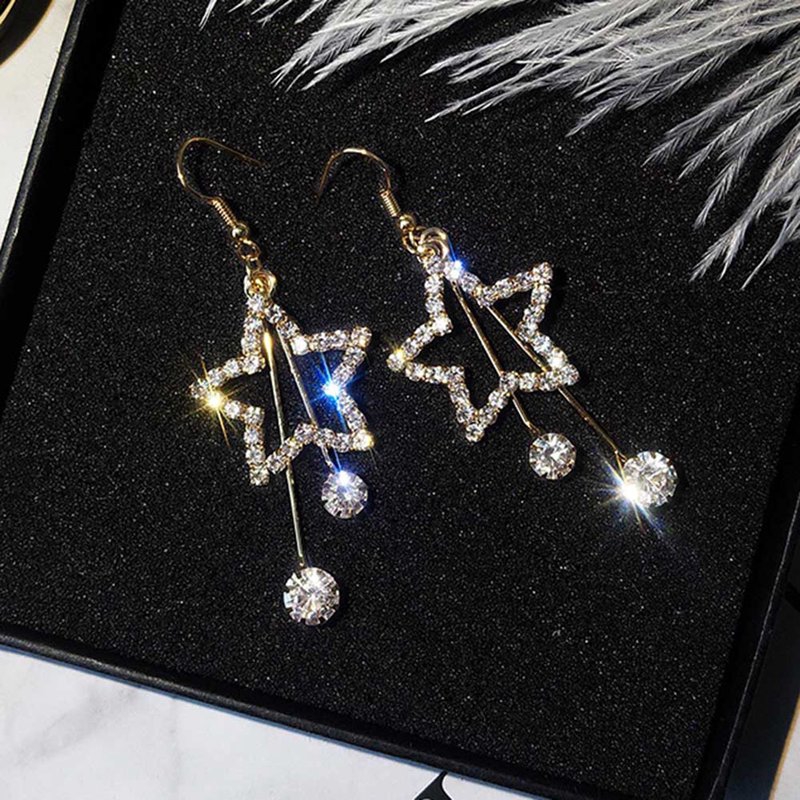 Crystal Long Bright Pentagram Star Tassel Pendant Earrings Usable