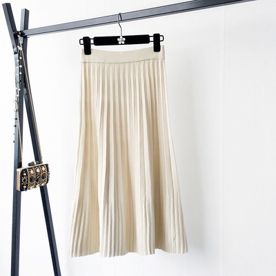 Rok Setengah Badan Lipit Model Setengah Panjang Wanita Rok Satu Langkah A-Line Rajut Pinggang Tinggi