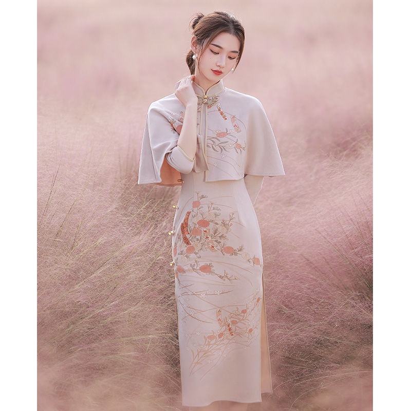 Cheongsam 2022 new spring long sleeved high-grade shawl with improved retro Republic of China Spring