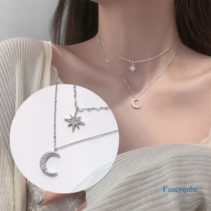 Kalung Choker Bahan 925 Sterling Silver Model Double Layer Aksen Bintang Dan Bulan Untuk Wanita