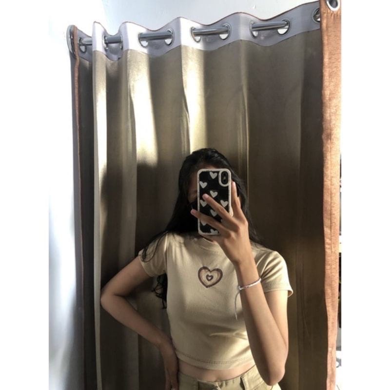 Tq88indonesia Fashion Baju Atasan Wanita Terbaru /  Latte Heart Love Crop Top / Kaos Lengan Pendek Cewek / Busana Santai / Ootd Kekinian / Outfit Kekinian / Ootd