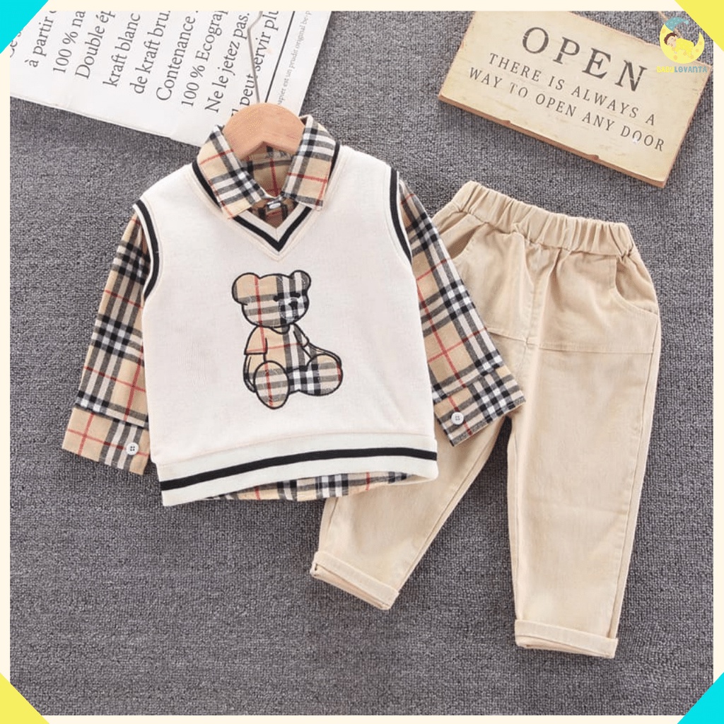 [COD] setelan anak laki laki keren 3in1 motif vest burcream &amp; burgrey import premium baby lovanta