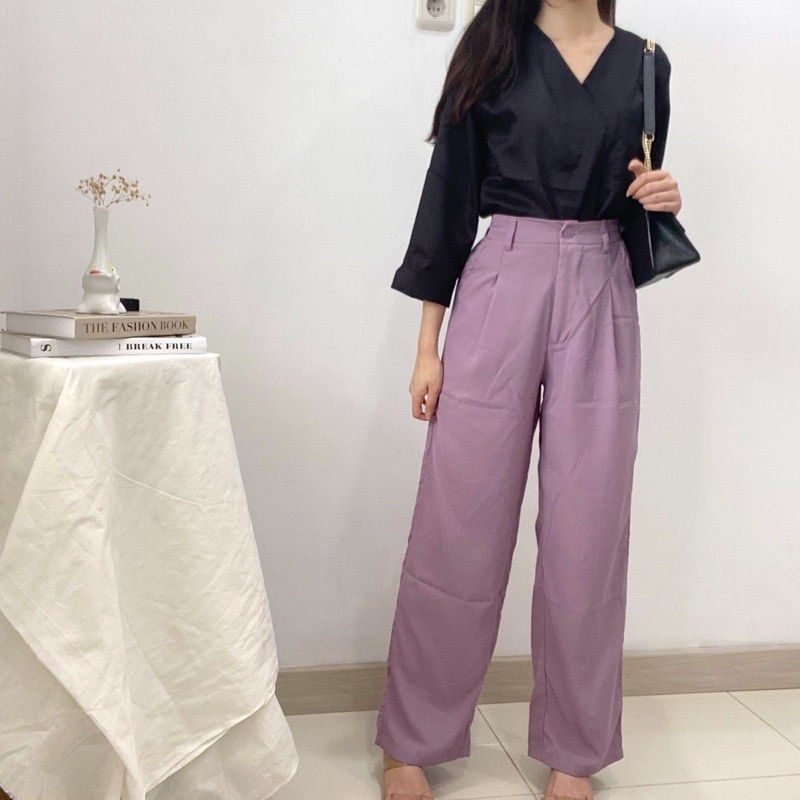 KANA Basic Long Pants / Loose Button Kulot / Celana Bahan Korea / Celana Linen Wanita / Celana Satu Kancing Kantor P3