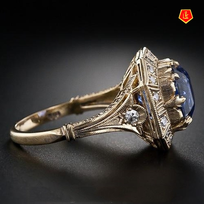 [Ready Stock]Fashion Retro Blue Topaz Square Diamond Ring