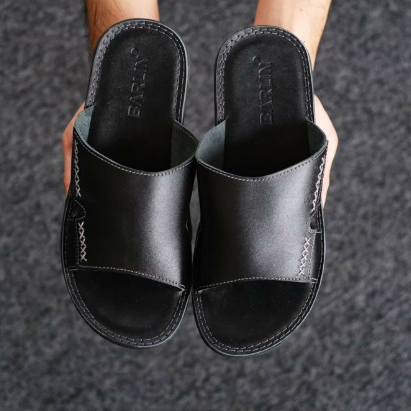 BRLN 001 Black Sendal Pria Casual Kulit Asli Warna Hitam Sendal Slide Slop Santai Full Leather