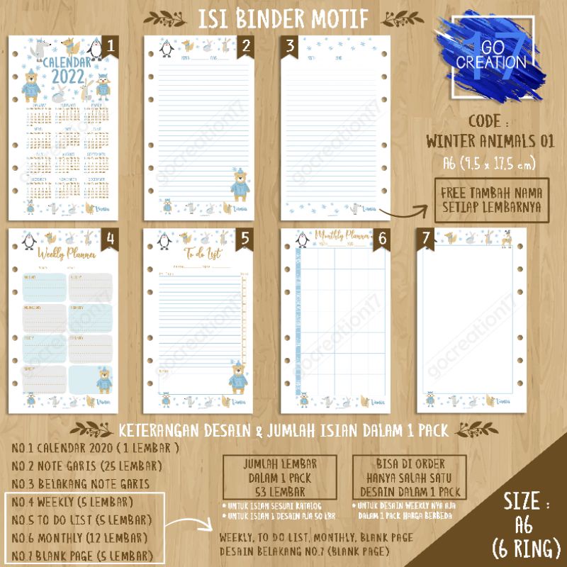 

Buku Planner isi Kertas Binder Motif Winter Animals 01 Premium A6 ring 6