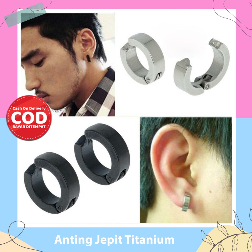 Tindik Pria Anting Earing Cowok Titanium Black Silver Anting Jepit