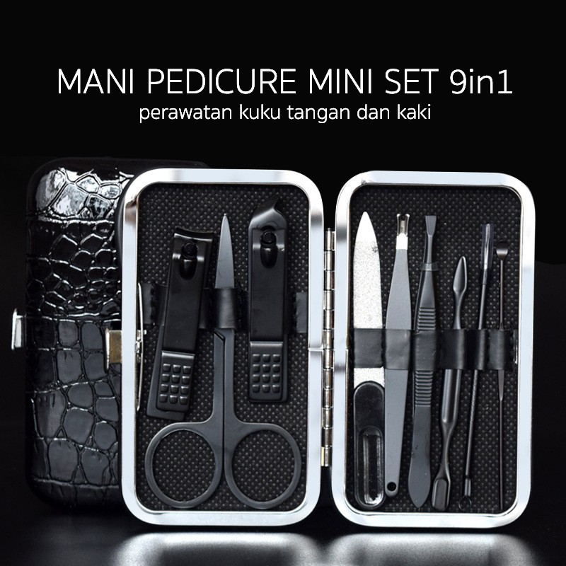 BA 07 SET Dompet Gunting kuku Menicure Pedicure 9 Pcs Premium Hitam