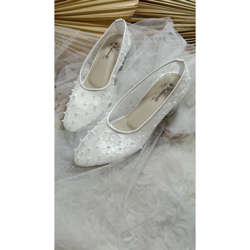 sepatu wanita wedding merista  mutiara tabur yg cantik tinggi 5cm hak tahu kaca