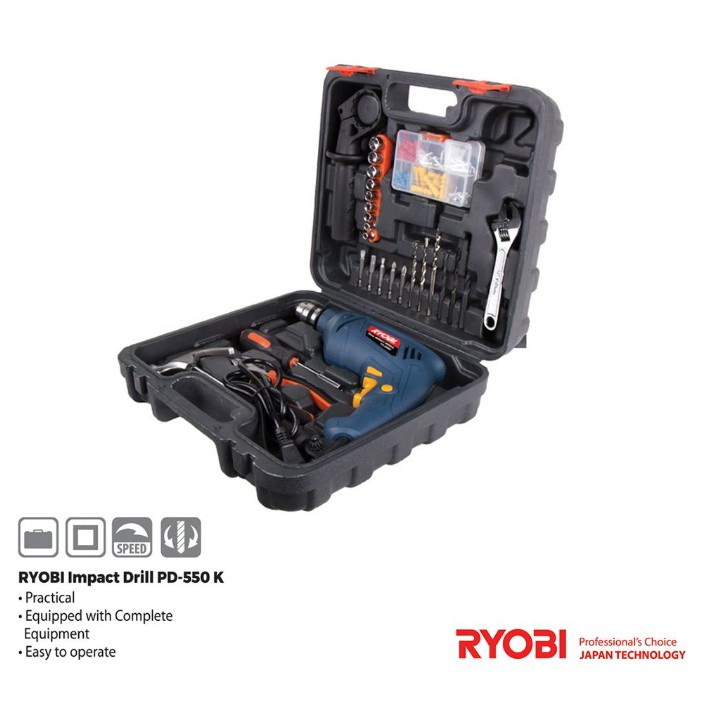 Set bor impact ryobi 10mm PD 550k / impact drill set 10mm ryobi PD550K / set bor listrik 10mm ryobi