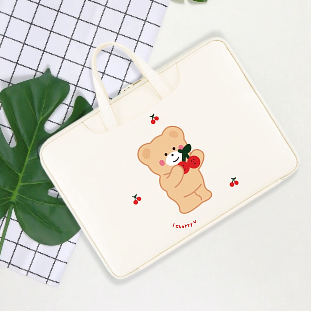 Sleeve Pouch Sarung Tas Bag Case Ipad Tab Tablet Macbook Air Pro Laptop Asus Acer Lenovo HP Huawei 11 12 13 14 15 inch Motif Gambar Cherry Bear Beruang Warna Putih Lucu Cute Murah Korean Model Jinjing Tali Strap