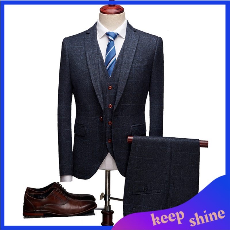 Jas Pria Formal Premium Man  Slim Fit Men 3 Piece Set Plaid Suits Stylish Wedding Blazers Men Busine