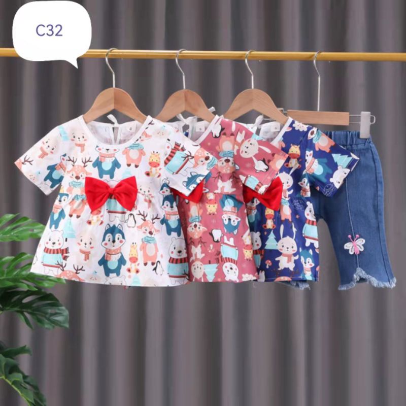 Setelan anak perempuan atasan jins cherry import 1-5 tahun/ Baju Setelan kemeja Setelan Jeans anak cewek tanggung 1 2 3 4 5 tahun