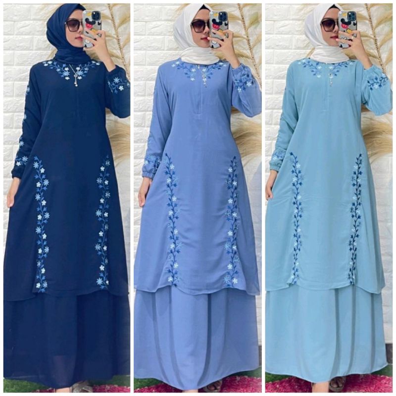 Gamis Melayu Ceruty Babydoll Premium Baju Kurung Malaysia Bordir Bunga Mewah Set Pakaian Muslim Hija