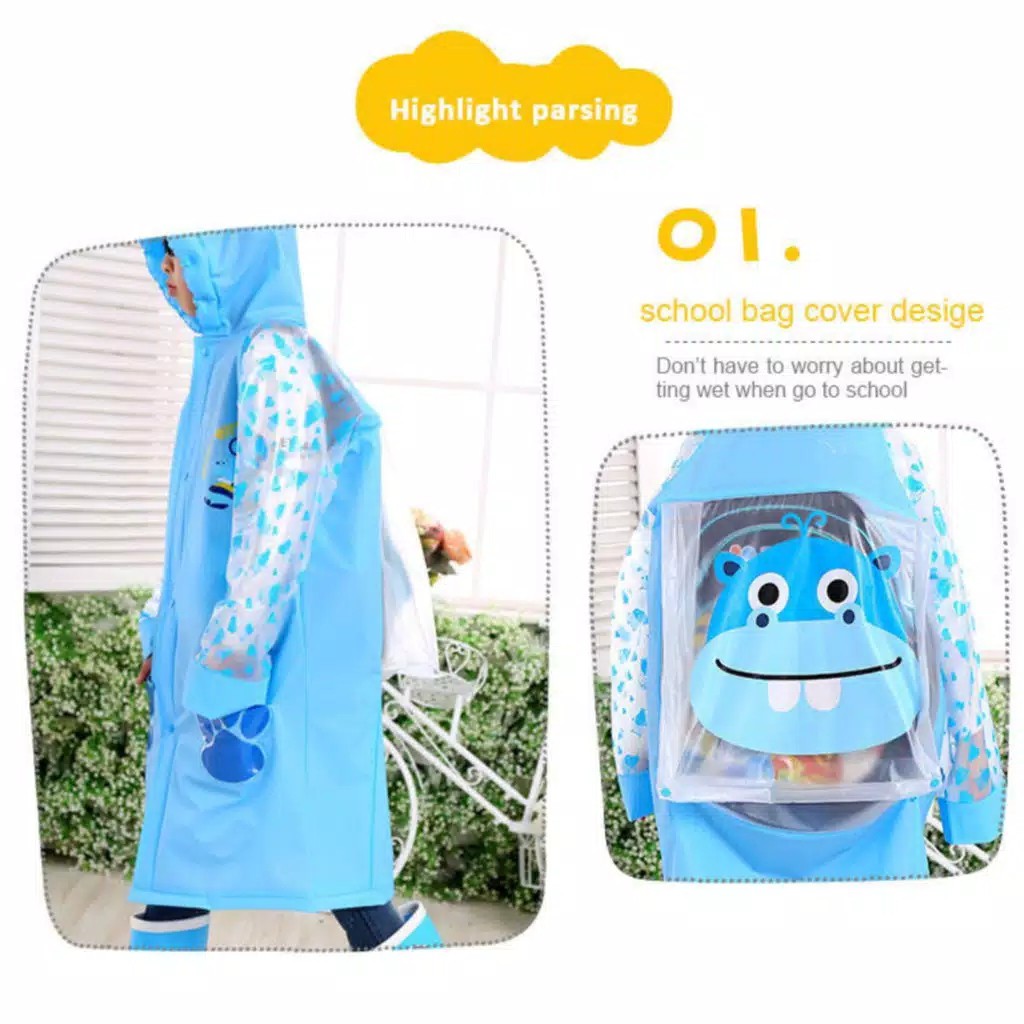 Jas Hujan Anak - Raincoat Mantel Hujan Terusan Anak Motif Karakter Lucu dengan Tas Belakang