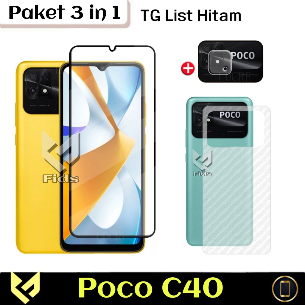 HOT PROMO Paket 3 IN 1 Screen Guard For Xiaomi Poco C40 Anti Gores Layar Free Lens Camera Belakang &amp; Skin Carbon Anti Gores Jamur Body Belakang Handphone Premium