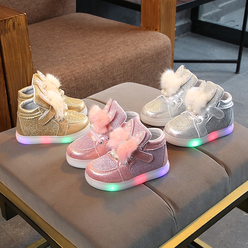 CG LED17-Sepatu LED Anak Perempuan Fur Rabbit Ear