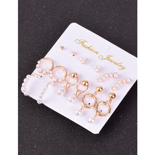 LRC Anting Set Fashion Pearl Geometric Circle Pearl Earrings Set V35410