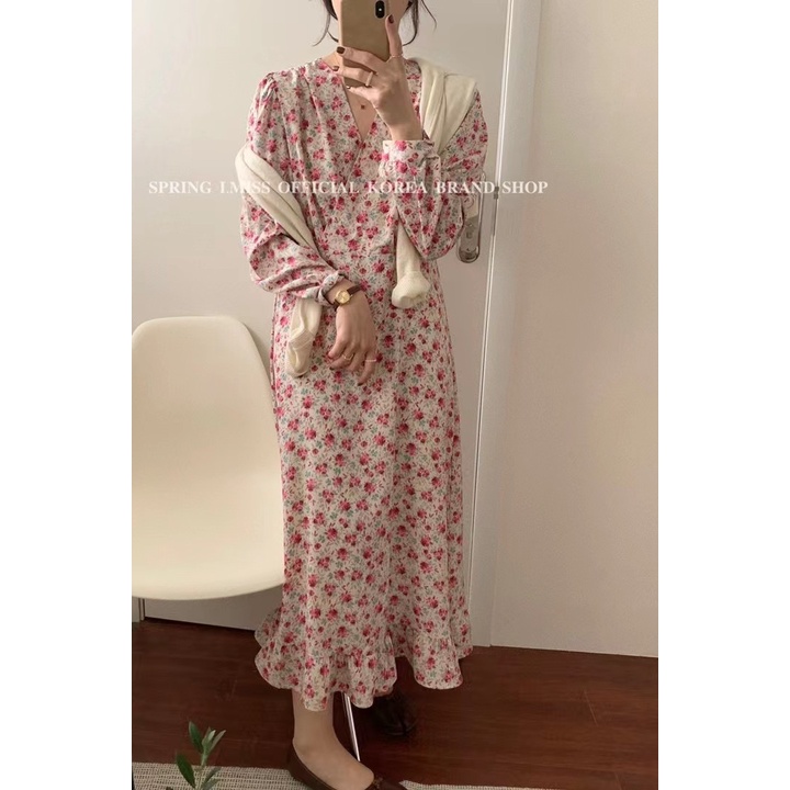 AIMEI Vintage Longgar Floral V-Neck Lengan Panjang Dress