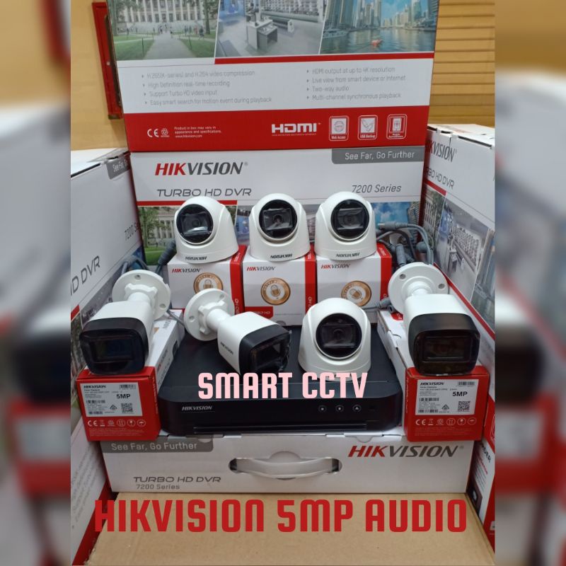 PAKET CCTV HIKVISION 5MP 8 CHANNEL 6 KAMERA NON AUDIO / AUDIO SERIES KOMPLIT GARANSI RESMI 2 TAHUN