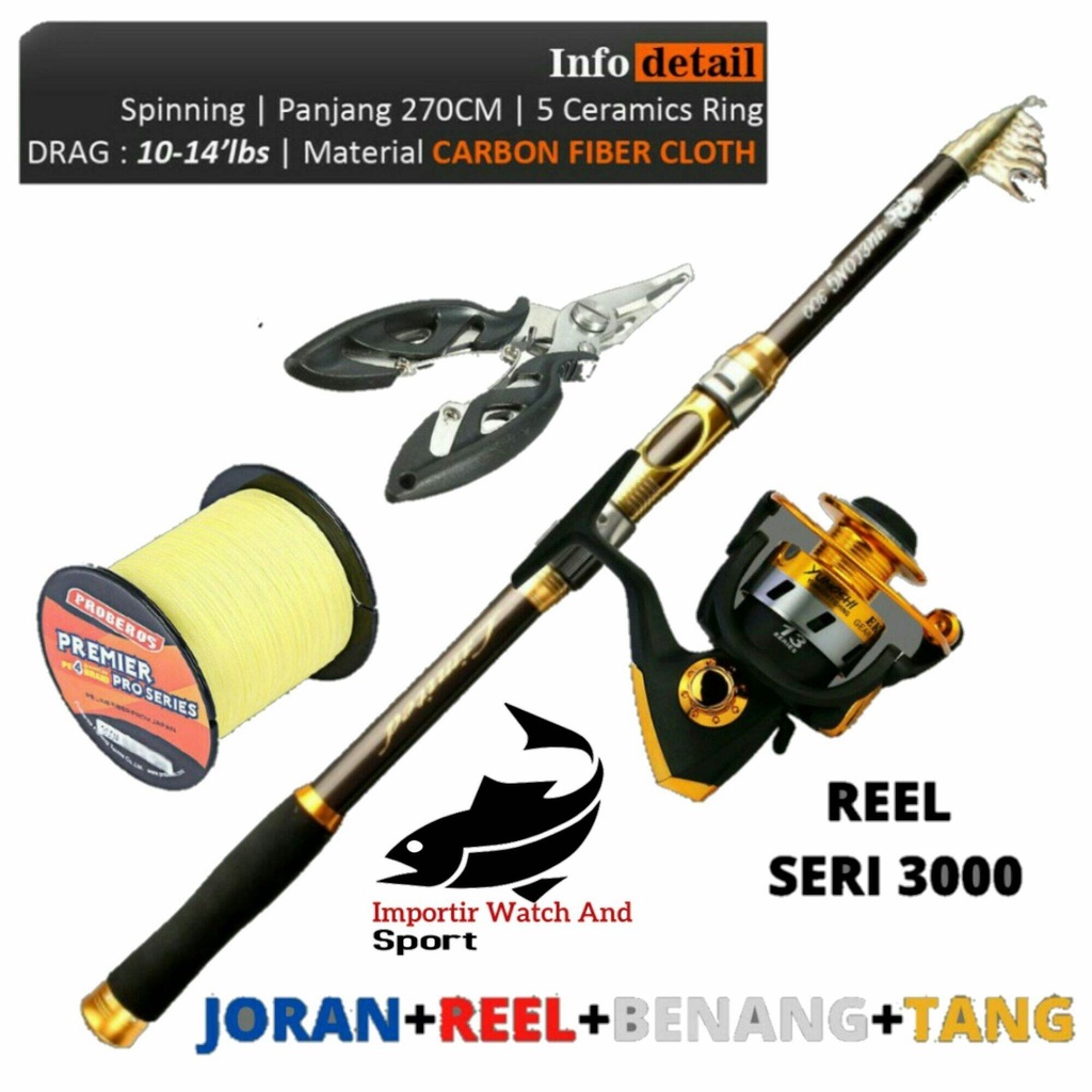 PROMO Set Pancing Kolam Sungai Danau Pantai Joran Carbon Telescopik 270cm Reel ek3000 Benang PE
