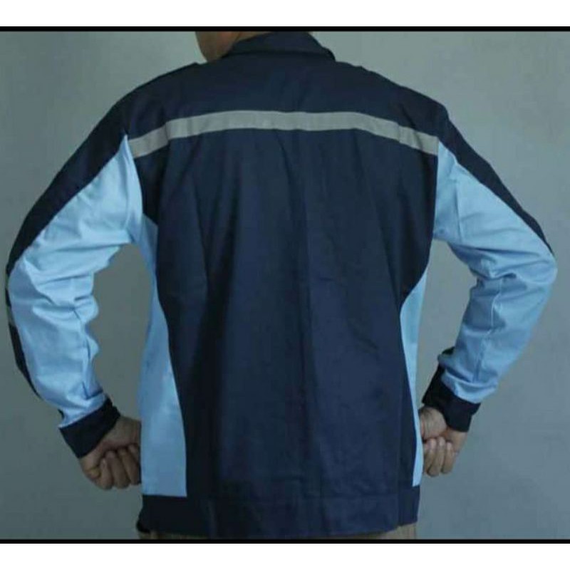 BAJU SAFETY SERAGAM PROYEK SEMI JAKET BIRU LANGIT DONGKER RESLETING LOGO K3