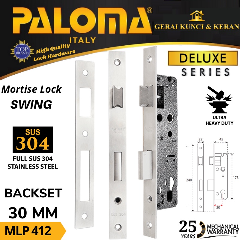 BODY KUNCI PINTU PALOMA SWING MLP 412 STAINLESS  DELUXE  30 MM MORTISE LOCK SWING