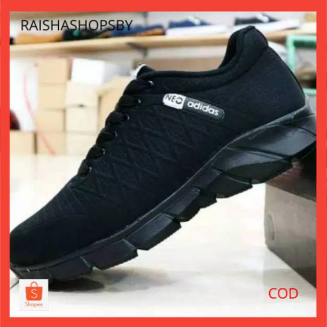 sepatu sekolah hitam polos adidas neo embossed silang pria wanita model sport x1