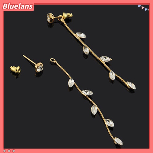 Anting Panjang Desain Ranting Daun Willow Linear Aksen Berlian Imitasi Gaya Elegan Untuk Wanita