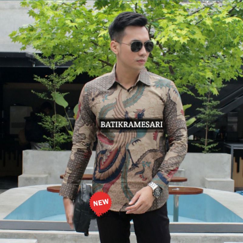 cendrawasih cream kemeja batik pria solo lengan panjang lapis Furing halus Slimfit bahan katun premi