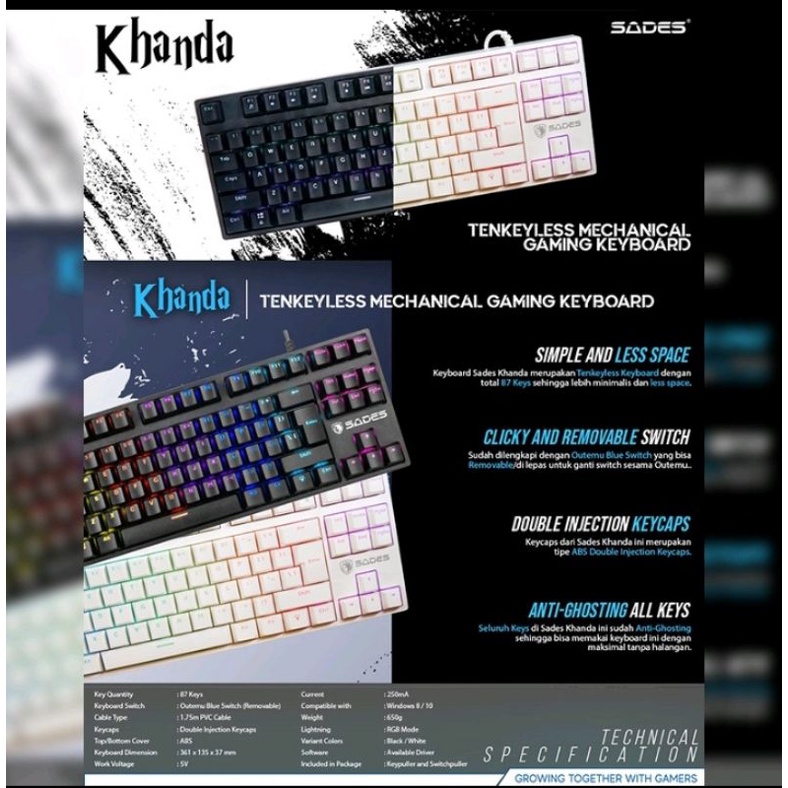 Sades keyboard gaming Mechanical TKL  Khanda / Removable Switch