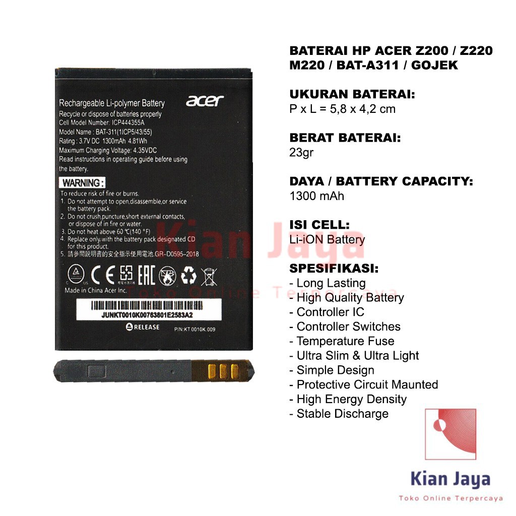 Baterai Hp Acer Z200, Z220, M220, BAT-A311 Original OEM Batrai Batre Battery