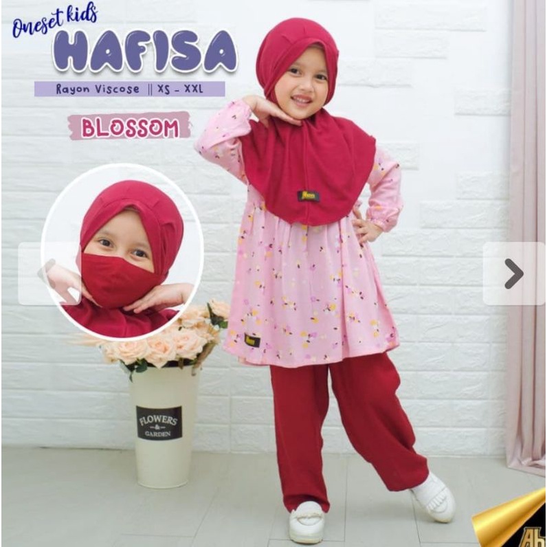 (free masker) New Hafisa One Set ori by Ahza/setelan anak rayon adem/tunik+celana+jilbab free masker