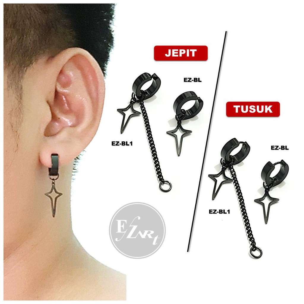 1Pc EZ-BL ANTING FASHION PRIA / WANITA JEPIT / TUSUK HOLLOW STAR HITAM / BLACK KPOP PUNK BTS