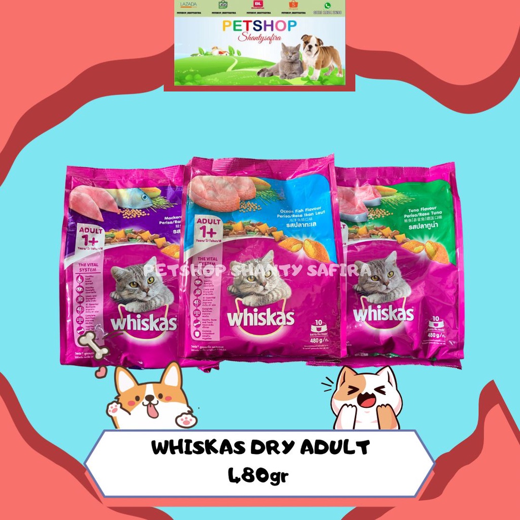 MAKANAN KUCING WHISKAS KERING ADULT 480 GR 1+ / WHISKAS DRY ADULT 480GR  USIA 1+ KUCING DEWASA