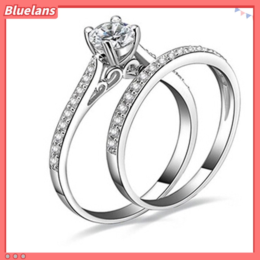 Bluelans 2Pcs Ring Shiny Cubic Zirconia Plated Silver Romantic Couple Finger Ring