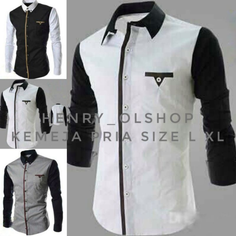 KEMEJA PRIA KOMBINASI KEKINIAN BAJU LAKI LAKI BUSANA COWOK SIZE UKURAN L XL WARNA HITAM PUTIH ABU TU