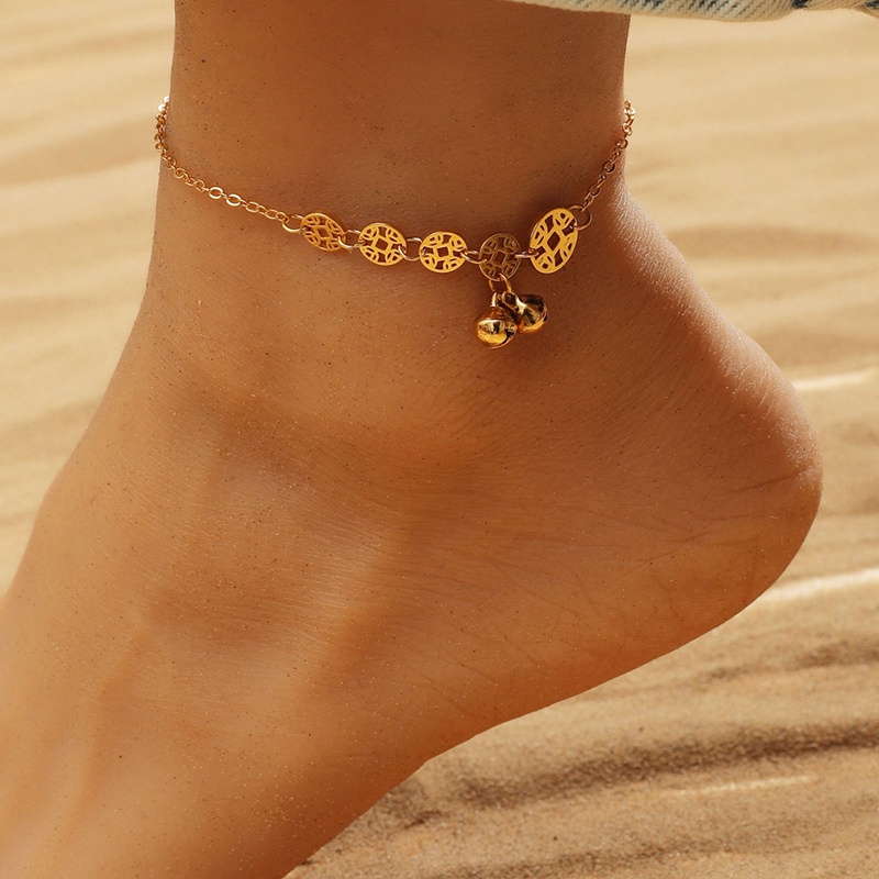 Chinese Style Copper Coin And Bead Bell Anklet For Women And Girls Stainless Steel Gold Rose Gold Color Anklet Length 20+6cm