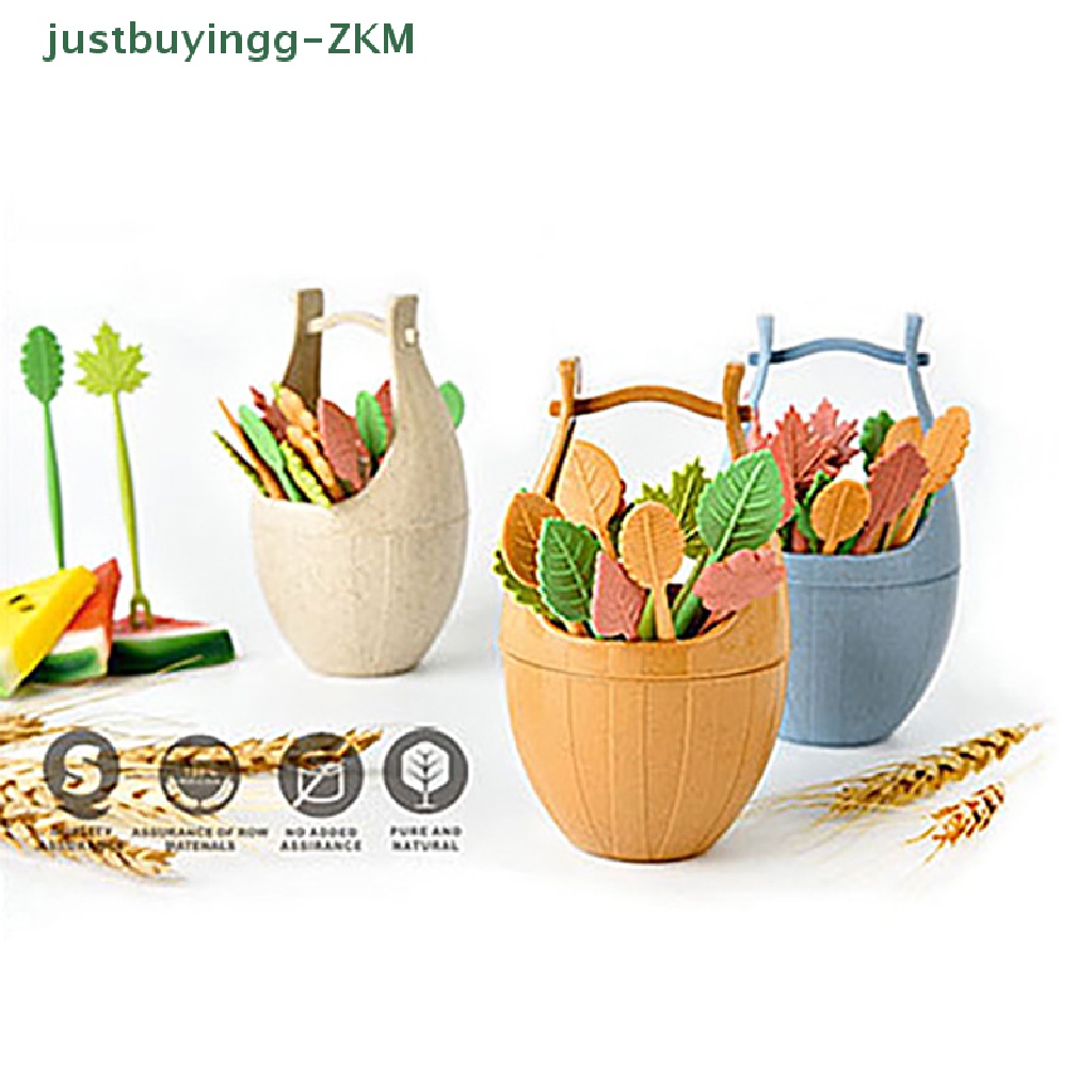 Set 16pcs Garpu Buah / Kue / Snack / Salad Bentuk Bunga / Daun Bahan Jerami Gandum Dengan Ember