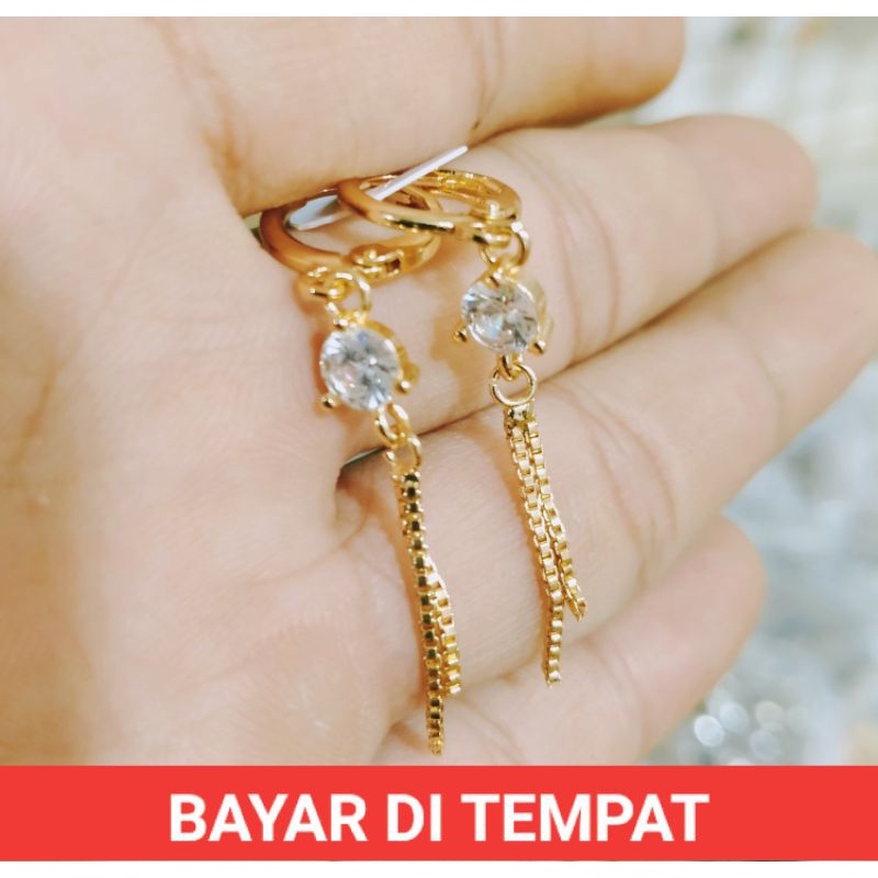 Anting cantik wanita titanium Permata SILVER dan gold motif rumbai-rumbai anti karat lapis emas 22 K