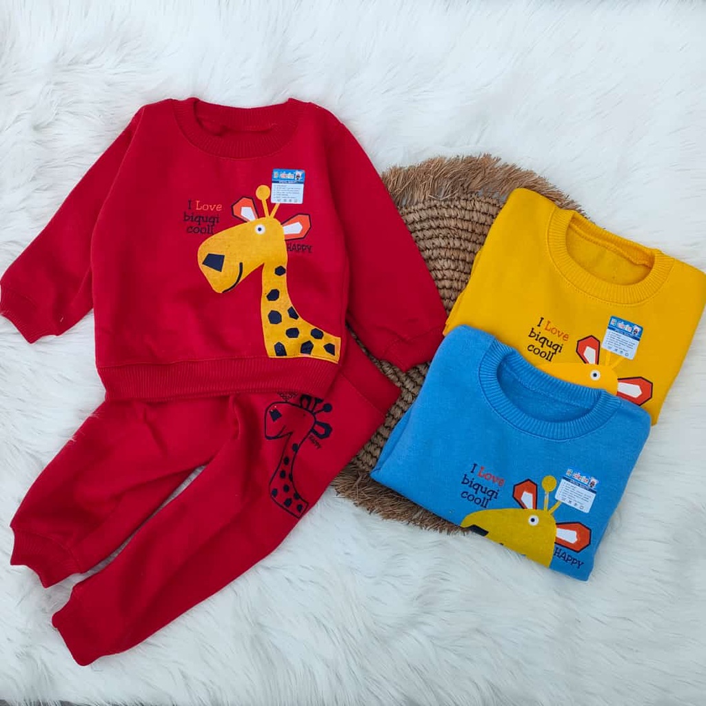 Setelan sweater bayi murah motif jerapah / Setelan bayi murah / Baju hangat bayi fleece tebal