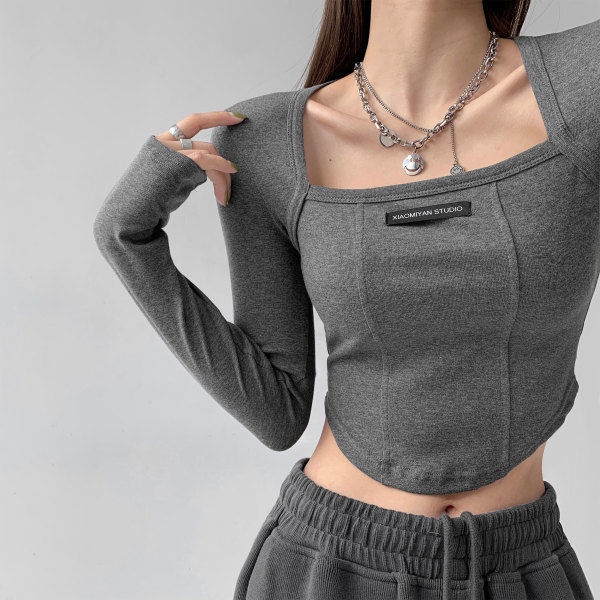 Suhao American Fishbone Spice Girl Top Desain Sensibilitas Small Slim Base Shirt Sexy Collarbone Lengan Pendek T-Shirt Wanita