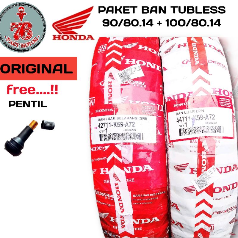 PAKET BAN TUBELESS MERK HONDA/FEDERAL 100/80+90/80.14 FREE PENTIL