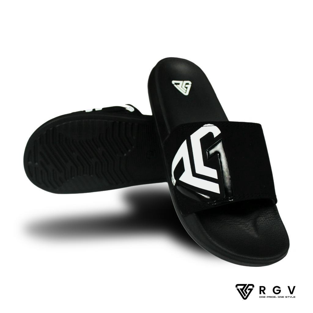 RGV - SANDAL PRIA DAN WANITA SLIDE SLIP ON SENDAL ANTI LICIN RINGAN SELOP BLACK WHITE LOGO